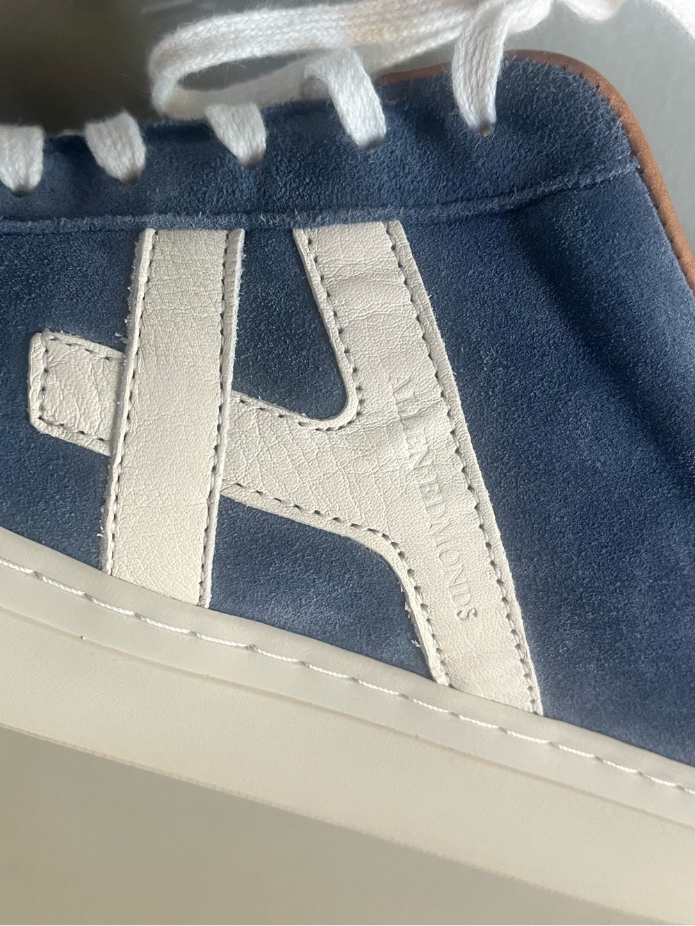 Allen Edmonds Navy Suede Sneakers with White Accents and Tan Lining - Picture 10 of 12